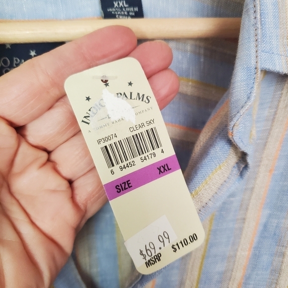Indigo Palms Linen Button Up shirt Mens XXL Blue Orange Stripes Coastal New - Picture 4 of 12